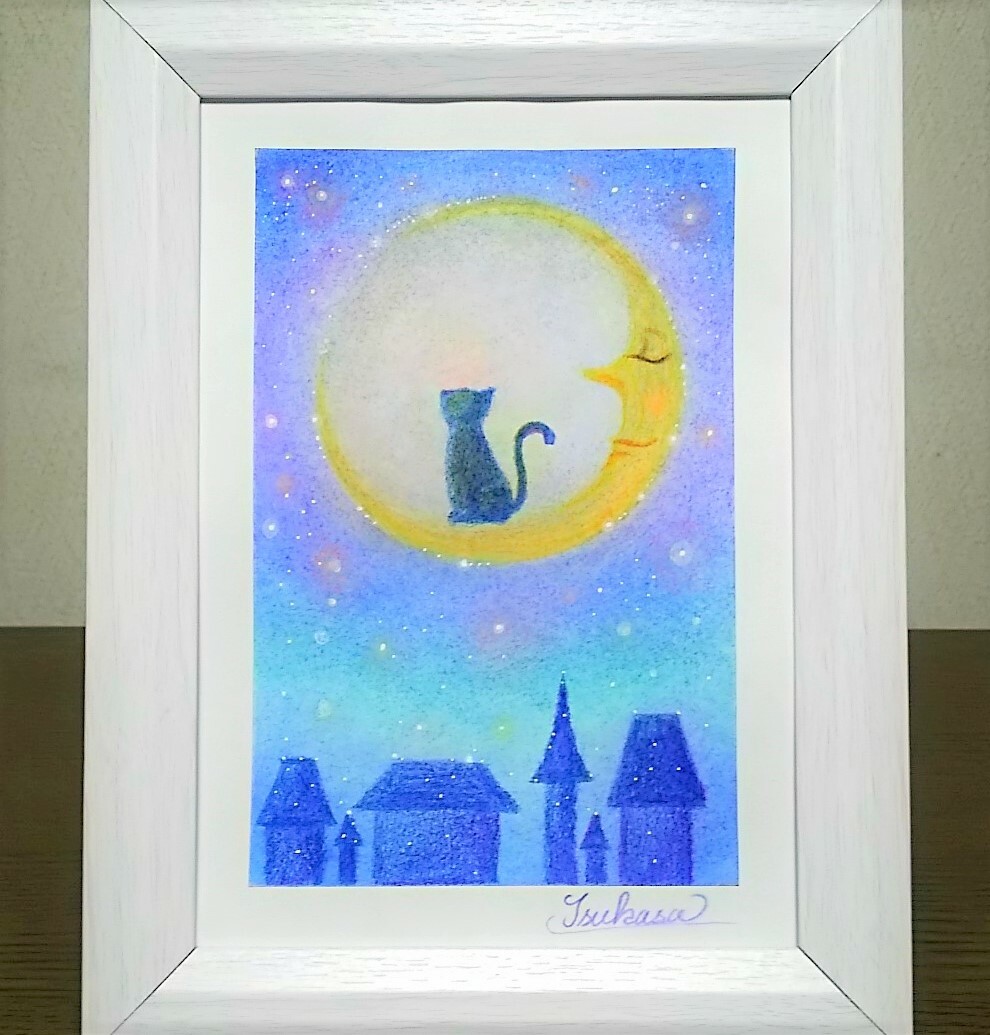 パステル画（原画）夕暮れの月星。 パステル画（原画）夕暮れの月星。 パステル画（原画）夕暮れの