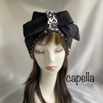🌟capella🌟ダマスク柄モノトーンコットン×黒リネンリボンのオシャレなターバン帽子　ケア帽子　capellaオリジナル
