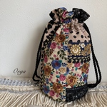 Orga bag M size 〜 インド刺繍リボンの丸底巾着バッグ　ブラウンドット