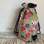 Orga bag M size 〜 インド刺繍リボンの丸底巾着バッグ　ホワイトドット