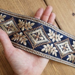 90㎝カット済【インド刺繍リボン】シルク　刺繍　リボン　りぼん   【ネイビー】