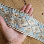 90㎝カット済【インド刺繍リボン】シルク　刺繍　リボン　りぼん   【ライトブルー】