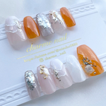ニュアンスネイル 🍊 アシメントリーデザイン アシメネイル テラコッタ オレンジネイル キラキラネイル ミラーネイル ネイルチップ ラメ シェルネイル シルバー シルバーネイル ネイルチップ 