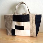モノトーン系　ランダムパッチ　横長トートBAG　麻　綿麻　帆布　リネン　白黒