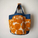 北欧風ポピー柄　イエロー＆帆布　両脇ポケット　バケツトート　帆布　綿麻　♫　