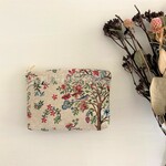 ゴブラン織り チュールフリルマチ付きポーチ 木と鳥の柄×アイボリーフリル