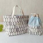 【レビュー300感謝】洗える ♡ 保冷 保温 巾着付き ランチバッグ セット 北欧 drop tree 　ライトグレー