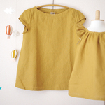 ak***様ご予約品　マスタードのリネンのお揃い服　チューリップ袖ブラウス＆フリル袖ドレス100〜110size