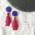 つぶつぶ×2連タッセル　ビーズ刺繍ピアス/イヤリング (ワインmix)
