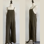 裏側起毛★麻100%のサロペットワイドパンツ　カーキ