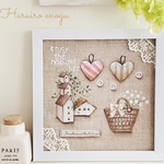 トールペイント雑貨　秋色作品　リネン雑貨　ハートのモチーフ　花かごのモチーフ　フレームアレンジ　カントリー雑貨