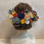 【h-akiko1977様 専用出品】セミオーダー blue mix orange yellow tulle ribbon ヘッドドレス 成人式 卒業式  髪飾り