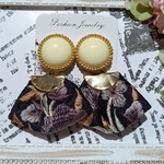 インド刺繍 ビーズ刺繍 2way イヤリング/ピアス おおぶり  カボション ホワイト ブラック リボンタッセル カジュアル 大ぶり