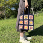 クロシェ編み　トートバッグ　ネイビー×ピンク、パープル