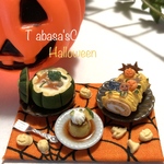 hand made ミニチュア　ドールハウス　Halloween丸ごとかぼちゃのシチューとロールケーキ