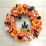 No.wreath-15471★ハロウィンリース22-(8) オレンジローズ&ホーンテッドハウス　36cm・アーティフィシャルフラワー/造花リース/秋のリース/ハロウィンリース/大型リース