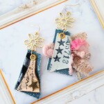 1点のみ⭐デニムリメイク×レザー お花付きピアス