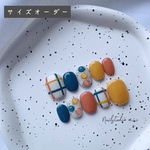 ネイルチップ160 サイズオーダー 韓国 ポップ ぷっくり カラー オレンジ ブルー イエロー くすみ チェック 