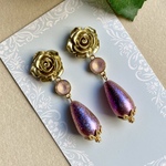  薔薇とシャイニーパールのピアス ゴールド&ピンク スワロフスキー フラメンコ しずく