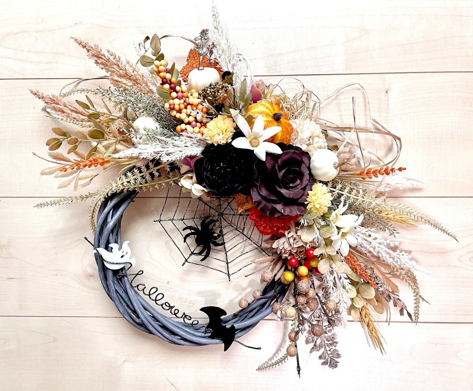 No.wreath-15465☆ハロウィンリース22-(2) クモの巣&パンパス