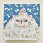 「鳥と白猫」木製パネル原画
