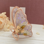 バンスクリップ「花に舞う蝶・ノースポールと紫陽花(紫)」《一点物》レジン ドライフラワー 紫陽花 パープル ヘアクリップ クリア メタルリーフ 天然石