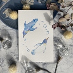 水の中でなら飛べる 原画 透明水彩画 手描きイラスト ハンドメイド 絵画 ブルー