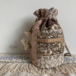 Orga  bag M size インド刺繍リボンの丸底巾着バッグ　タッセル付き　大人ブラウン