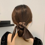 韓国ファッション　シンプルリボンシュシュ　ブラウン　ヘアアクセサリー　-7368