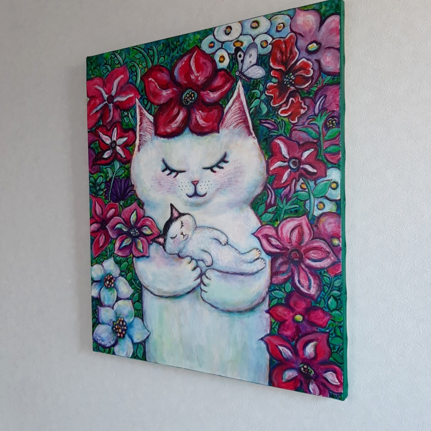 原画「おかっぱの子猫を抱いた白猫」 F10号 ＃絵画 ＃ねこ