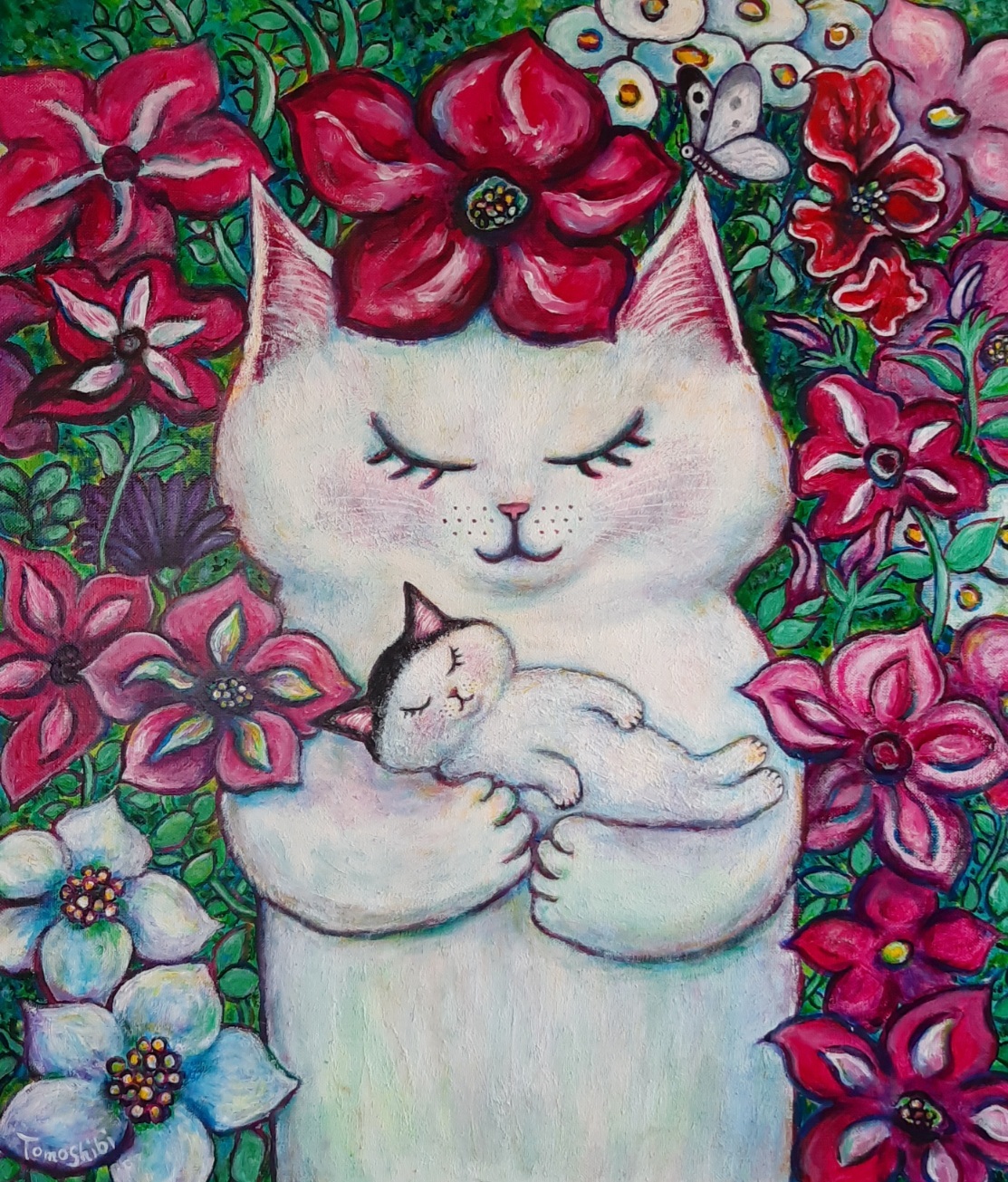 原画「おかっぱの子猫を抱いた白猫」 F10号 ＃絵画 ＃ねこ
