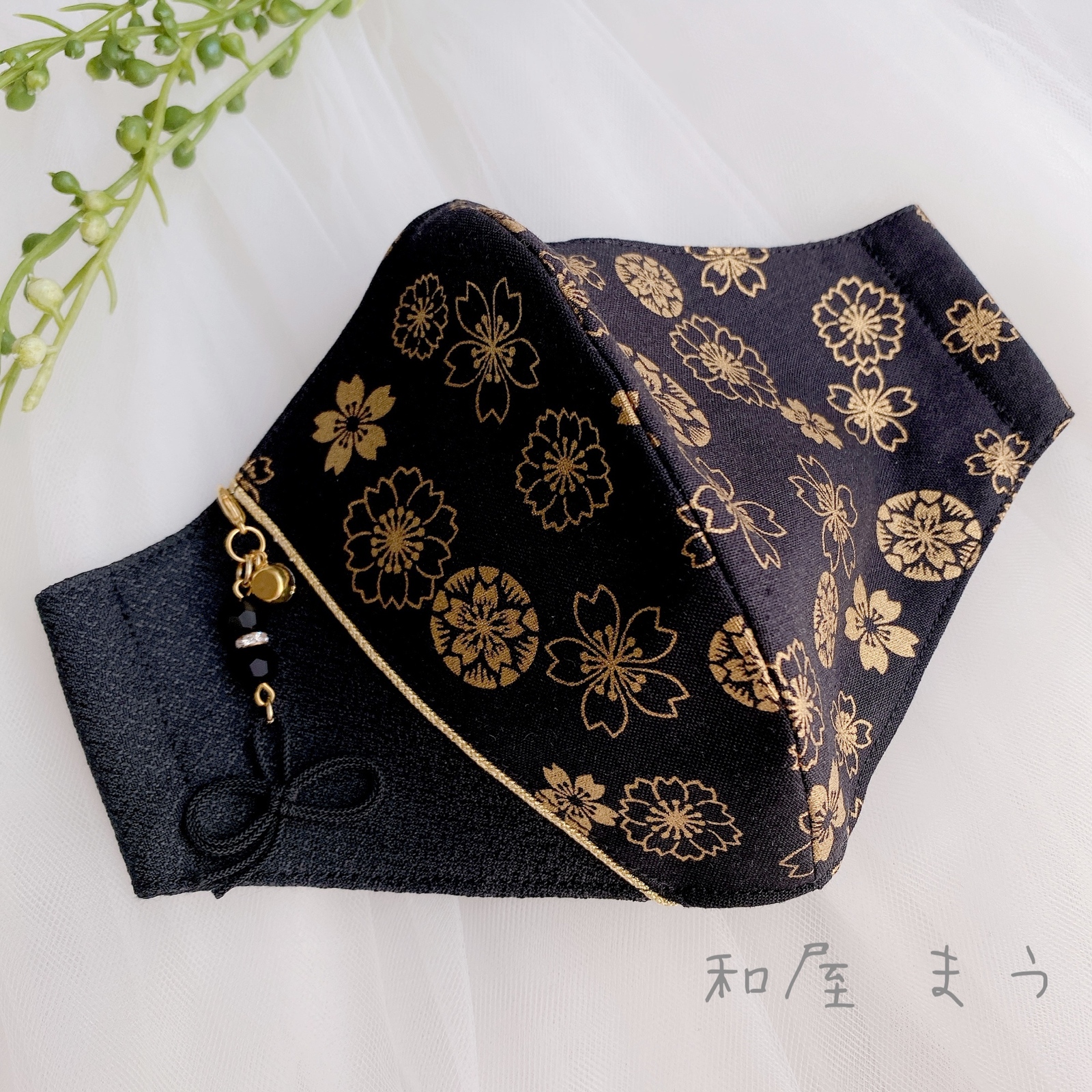 和柄立体　帯生地　金襴の桜舞う 和柄立体 帯生地 緑色市松模様に金襴の桜舞う