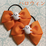 リボンヘアゴム おばけパーツ付き ハロウィン オレンジ ヘアゴム 2つ1セット