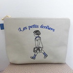 通学のフランスの女の子刺繍の帆布のポーチブルー