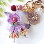 鳥のつまみ細工キーホルダー(紫花)