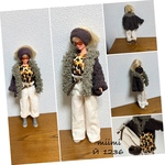 ♖Й 1236♖モコモコ付カーデ.ヒョウ柄T.ワイドPT.ネックヘアーバンド.本革ベルト♖