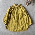 New:cottonリネンドット柄:フロントポイントのゆったりチビ襟ギャザーブラウスウィリアムモリス ベストオブモリス（マスタード）