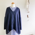 リネンVネックプルオーバーブラウス/ゆったりシルエット/ネイビー