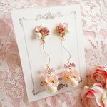 【再販】Slender Wave & Flower ～pink～イヤリング/ピアス/花/フラワー/パール/ビジュー/ウェーブ/ひねり/リボン/揺れる
