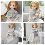 リカちゃん服4way＋キルティングレザーチェーンバッグ　ワンピースハイネックニットギャザースカートフリルオフショルダー　異素材グレー1/6ドールアウトフィット