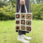 クロシェ編み　トートバッグ　ライトベージュ×パープルオレンジ　秋冬バッグ