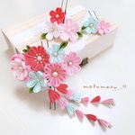 つまみ細工のお花いっぱい髪飾り(ピンク×水色)【つまみ細工  髪飾り  七五三  七五三髪飾り　卒業式】