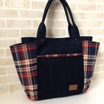 ☆オーダー品【送料無料】サイドポケット付トートバッグ(前ポケット付)大サイズ/チェック&デニム