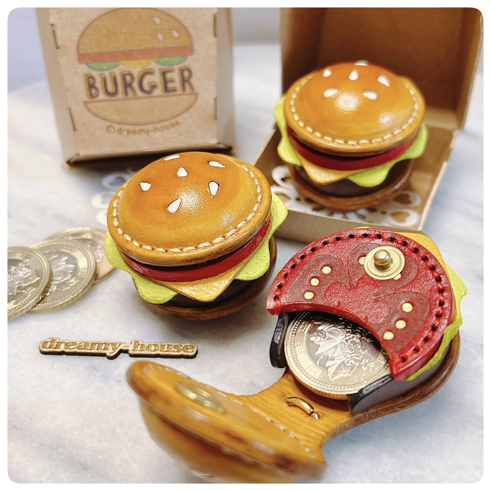 送料込み【受注生産】本革のハンバーガーのコインケースセット