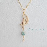 三日月から夜空を見つめるネコとカオリナイトのネックレス