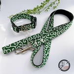 《和柄 緑色 古典 唐草模様》犬首輪・リード  Set～ 中型犬 2cm幅  green dog collar＆dog leash