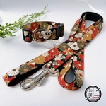 《和柄 黒色 和菊金華 模様》犬首輪・リード  Set～ 中型犬 2cm幅black dog collar＆dog leash
