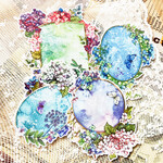 水彩アジサイ　お花　蝶々　フレームのフレークシール
