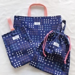 入園入学セット　ネイビー花柄持ち手ピンク ✿ 3点セット レッスンバッグ・上履き袋・体操服袋