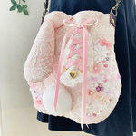 【大】レース刺繍ピンクハートカシメ・春爛漫【編み上げ】うさぎポシェット